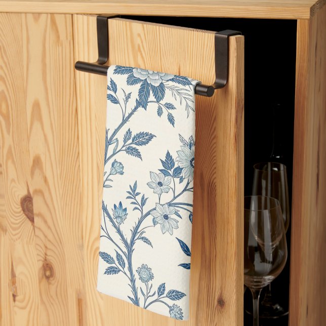 Blå Blommig Vintage Mönster Kökshandduk (Thirds Fold)