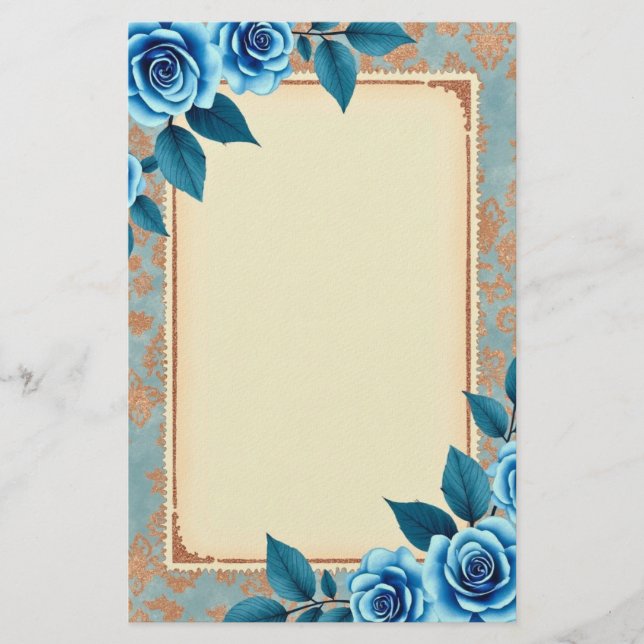 Blå Blommig Vintage Stämpel Design Brevpapper (Framsida)