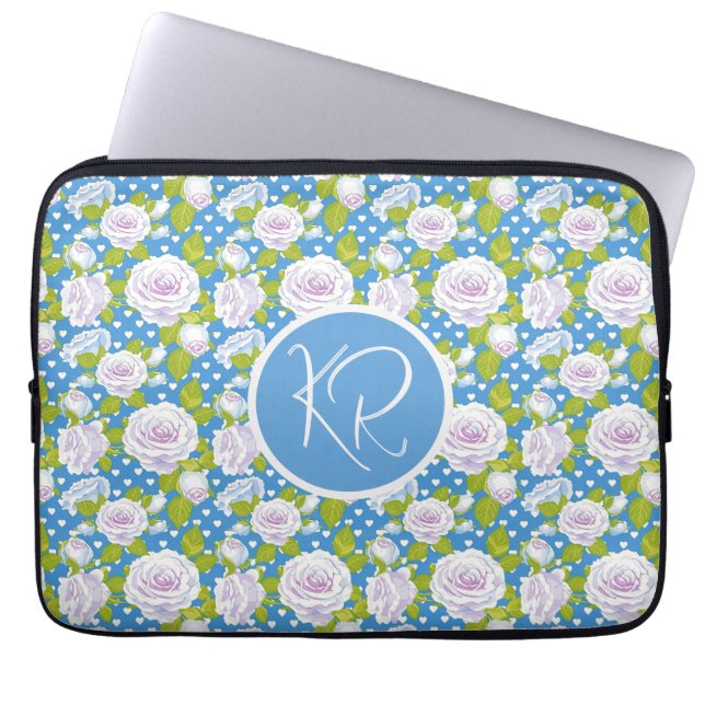 Blå Blommig Vit Ros Trendig Monogram Initialer Laptop Fodral (Framsidan)