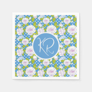Blå Blommig Vit Ros Trendig Monogram Initialer Pappersservett