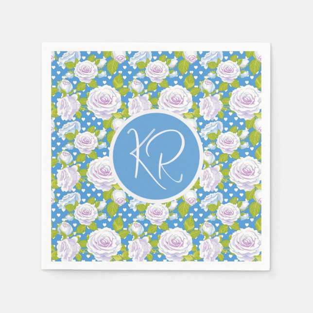 Blå Blommig Vit Ros Trendig Monogram Initialer Pappersservett (Framsidan)