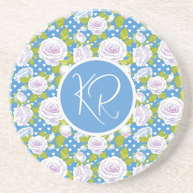 Blå Blommig Vit Ros Trendig Monogram Initialer Underlägg (Framsidan)