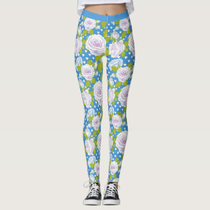 Blå Blommig Vit Ros Trendig Yogastil Leggings