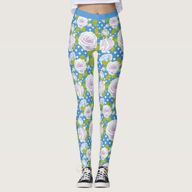 Blå Blommig Vit Ros Trendig Yogastil Leggings (Framsida)