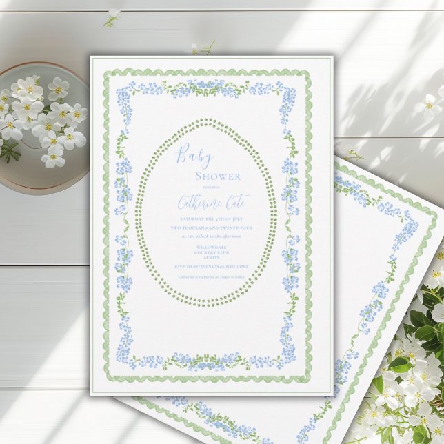 Blå Blommig Whimsisk Vintage Ram Babyshower  Inbjudningar (Skapare uppladdad)