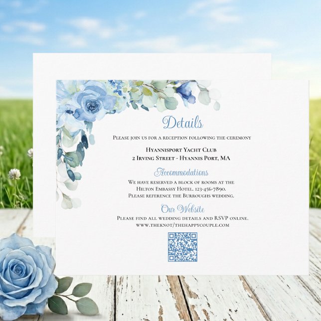 Blå Blommiga Akvarellrosor Bröllopsdetaljer Tilläggskort (Skapare uppladdad)