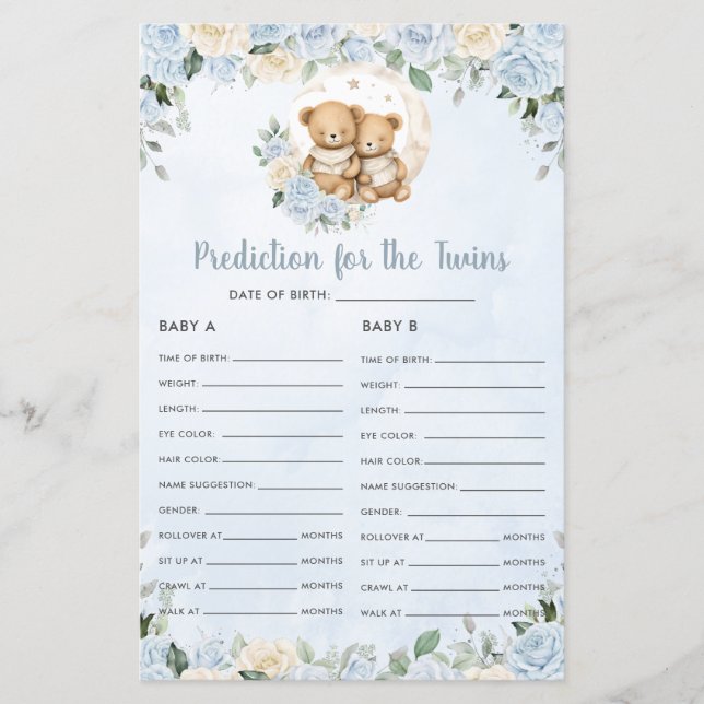 Blå blommiga babybjörnar Förutsägelse för tvilling (Framsida)
