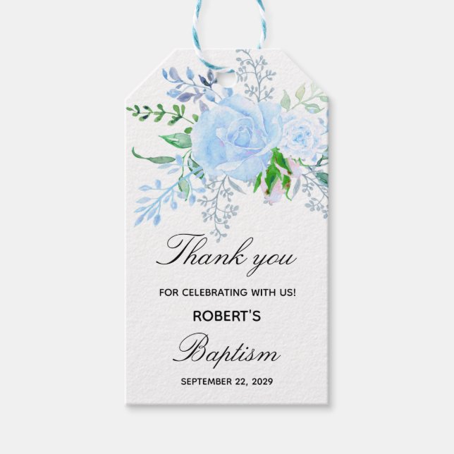 Blå blommiga dopgåva etiketter för pojkar (Framsidan)