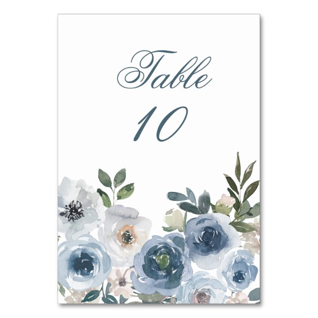 Blå Blommiga Eleganta Bröllopsbord Nummerkort Bordsnummer (Framsidan)