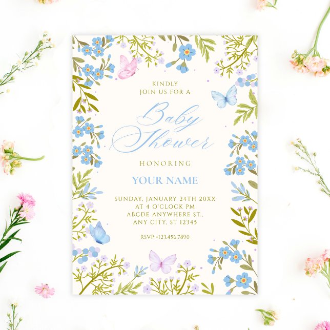 Blå blommiga fjärilar baby shower inbjudningar (Skapare uppladdad)