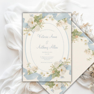 Blå Blommiga Peonior Romantisk Elegant Bröllop Inbjudningar