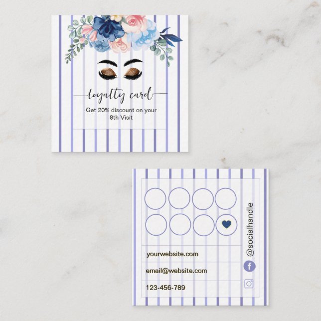 Blå Blommiga Ränder Lash tech Browbar Lojalitetskort (Fram/baksida)