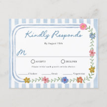 Blå blommiga randiga RSVP-kort