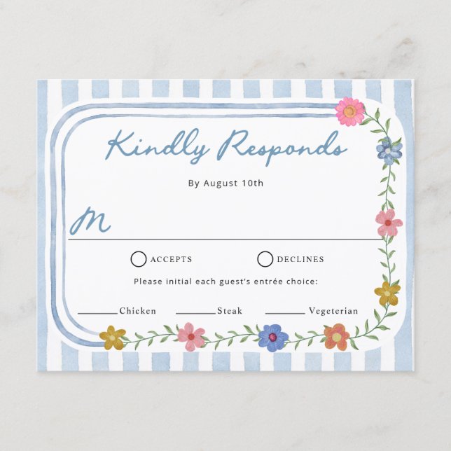 Blå blommiga randiga RSVP-kort (Framsida)