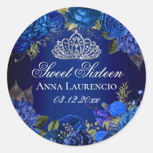 Blå Blommiga Rosor Diamant Tiara Sweet 16 Runt Klistermärke