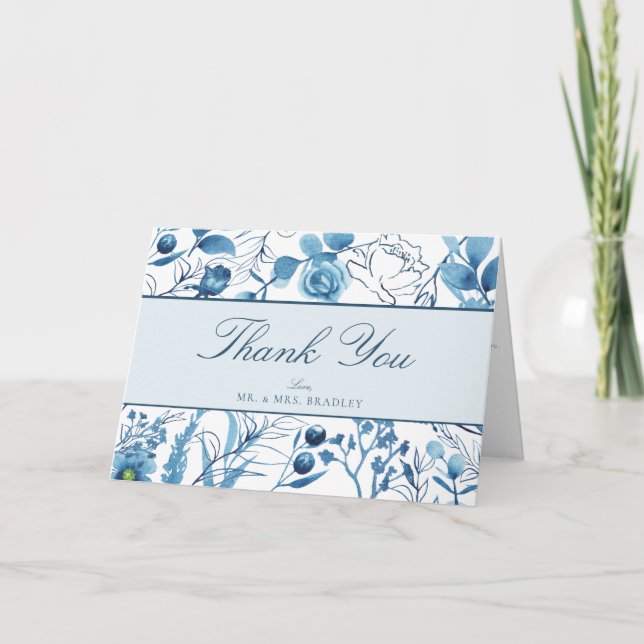 Blå Blommiga Tacksamhetskort Tack Kort (Framsida)