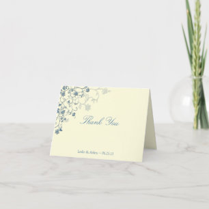 Blå Blommiga Virvlar på Krämfärgad Bröllop Tack Kort