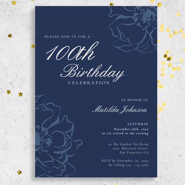 Blå Blommigt 100:e Födelsedagsfesten Inbjudningar (Blue Floral 100th Birthday Party Invitation)