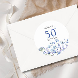 Blå Blommigt 50:e födelsedagen Runt Klistermärke