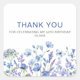 Blå Blommigt 50:e födelsedagsdagen Tack Fyrkantigt Klistermärke