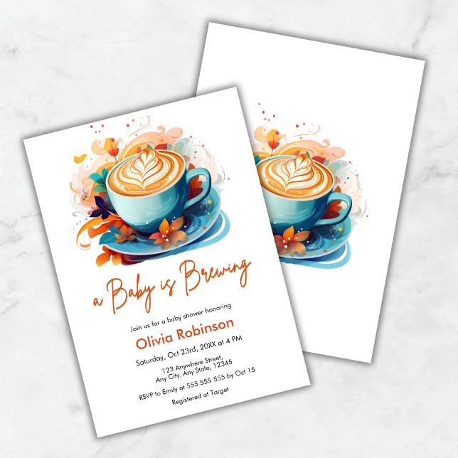 Blå Blommigt A Baby är en babystövel för bröst. Inbjudningar (Blue Floral Love is Brewing Coffee Baby Shower Invitation )