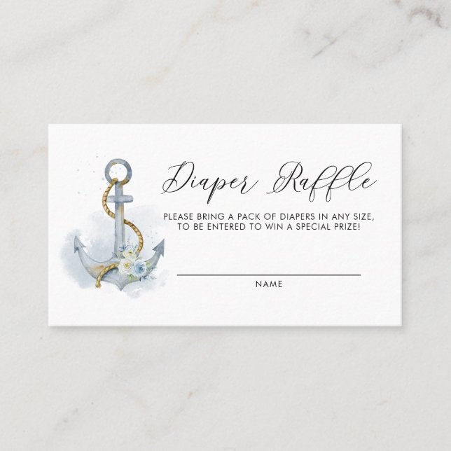 Blå Blommigt-anchor Nautical Diaper Raffle Card Placeringskort (Framsida)