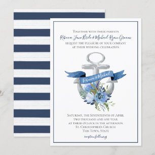 Blå Blommigt Anchor Nautical Watercolor Bröllop In Inbjudningar