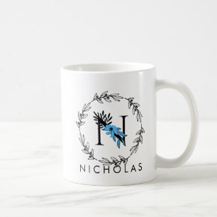 Blå Blommigt Anpassningsbar Monogram - Brev N kaff Kaffemugg