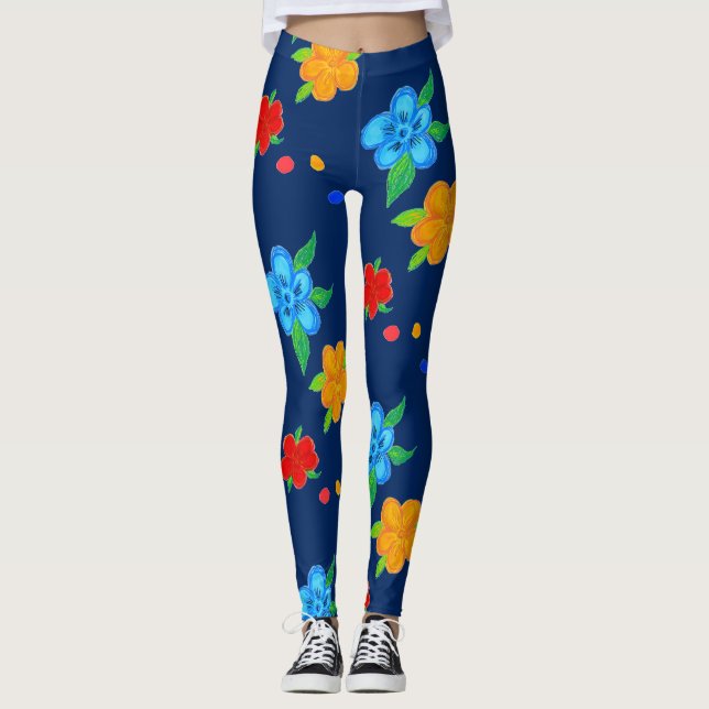 Blå Blommigt Art Skriv ut legeringar Leggings (Framsida)