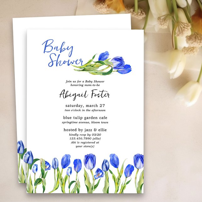 Blå Blommigt, babyskor för vår Tulip Flowers Blue  Inbjudningar (Spring Baby Shower Invitation with blue tulips)