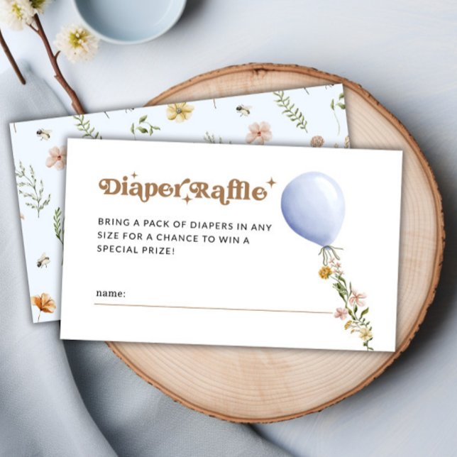 Blå Blommigt-ballong - hårbladig babystövel Tilläggskort (Blue Floral Balloon Diaper Raffle Baby Shower Enclosure Card)
