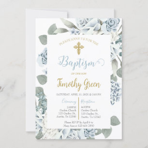 Blå blommigt - baptism - inbjudan l
