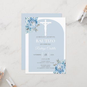 Blå blommigt-baptism Spanska Inbjudningar