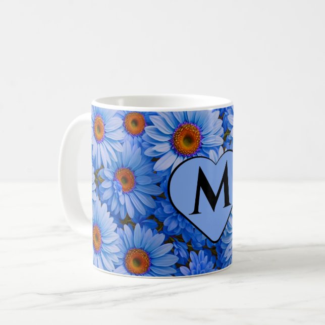 Blå blommigt blå solblommor blå daisy mönster kaffemugg (Framsida vänster)