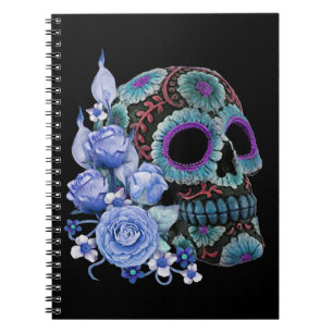 Blå Blommigt Black Sugar Skull Day of the dead Anteckningsbok
