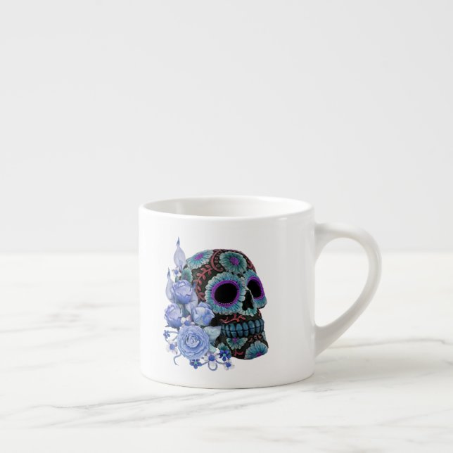 Blå Blommigt Black Sugar Skull Day of the dead Espressomugg (Höger)