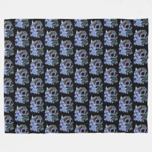 Blå Blommigt Black Sugar Skull Day of the dead Fleecefilt