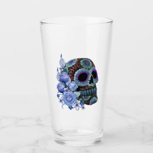Blå Blommigt Black Sugar Skull Day of the dead Glaskopp