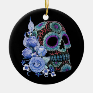 Blå Blommigt Black Sugar Skull Day of the dead Julgransprydnad Keramik