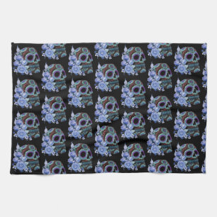Blå Blommigt Black Sugar Skull Day of the dead Kökshandduk