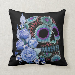 Blå Blommigt Black Sugar Skull Day of the dead Kudde
