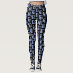 Blå Blommigt Black Sugar Skull Day of the dead Leggings