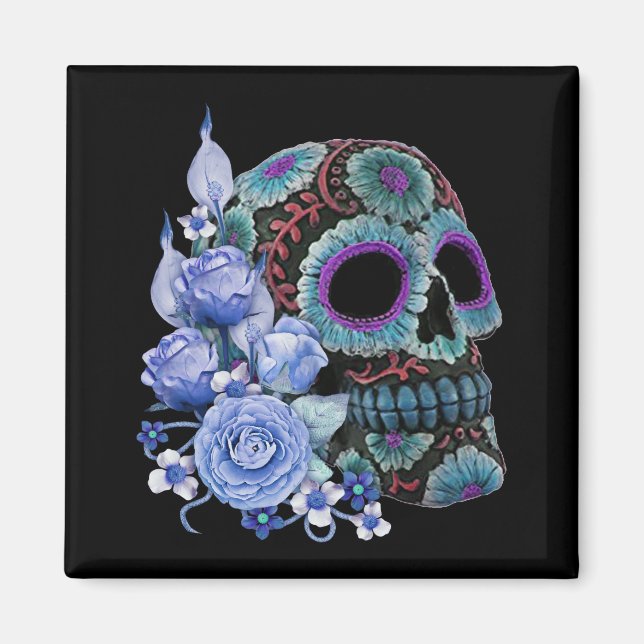Blå Blommigt Black Sugar Skull Day of the dead Magnet (Framsidan)
