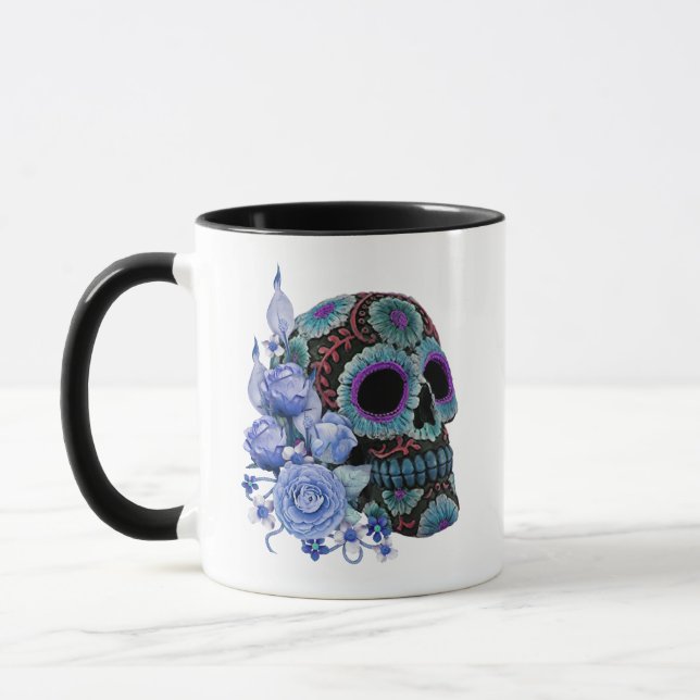 Blå Blommigt Black Sugar Skull Day of the dead Mugg (Vänster)