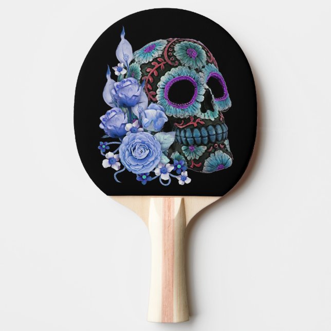 Blå Blommigt Black Sugar Skull Day of the dead Pingisracket (Framsidan)