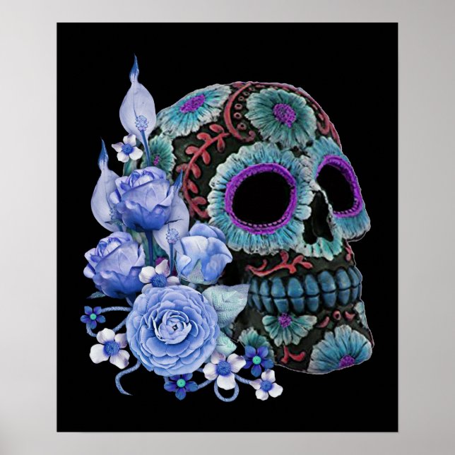Blå Blommigt Black Sugar Skull Day of the dead Poster (Framsidan)
