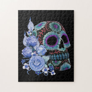 Blå Blommigt Black Sugar Skull Day of the dead Pussel