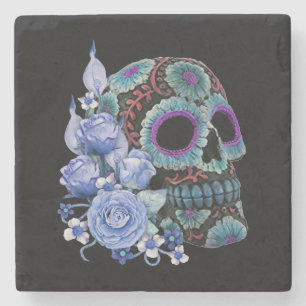 Blå Blommigt Black Sugar Skull Day of the dead Stenunderlägg