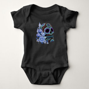 Blå Blommigt Black Sugar Skull Day of the dead T Shirt