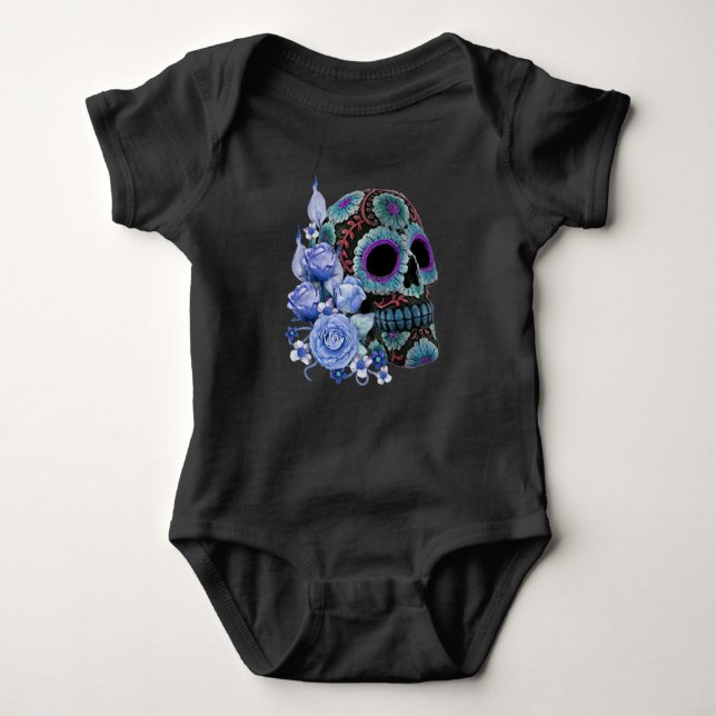 Blå Blommigt Black Sugar Skull Day of the dead T Shirt (Framsida)